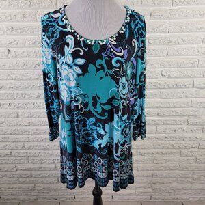 Ruby Rd 1X Women's Tunic Top Blue Floral Shark Bite Asymmetric Beaded FLO307E